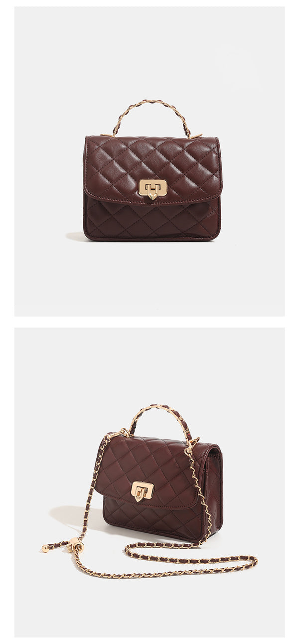 Small structured quilted flap crossbody bag with gold-tone turn-lock closure and chain strap, detail view 9