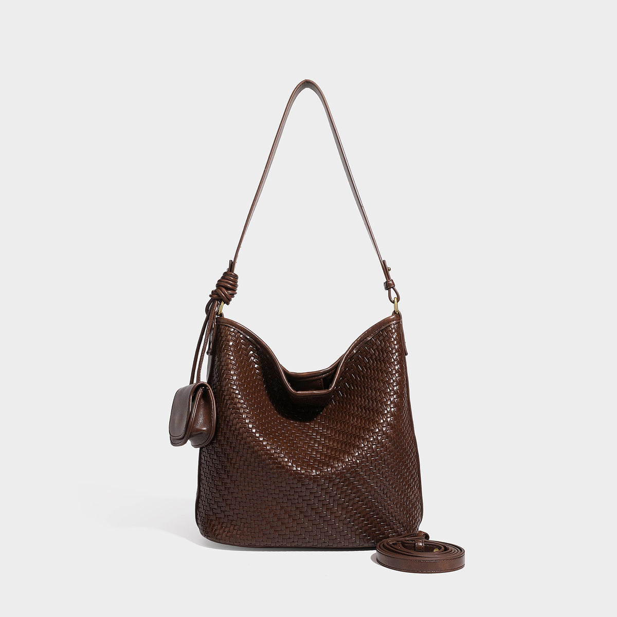 Woven-look slouchy hobo shoulder bag in brown with attached mini pouch and gold-tone hardware, detail view 10