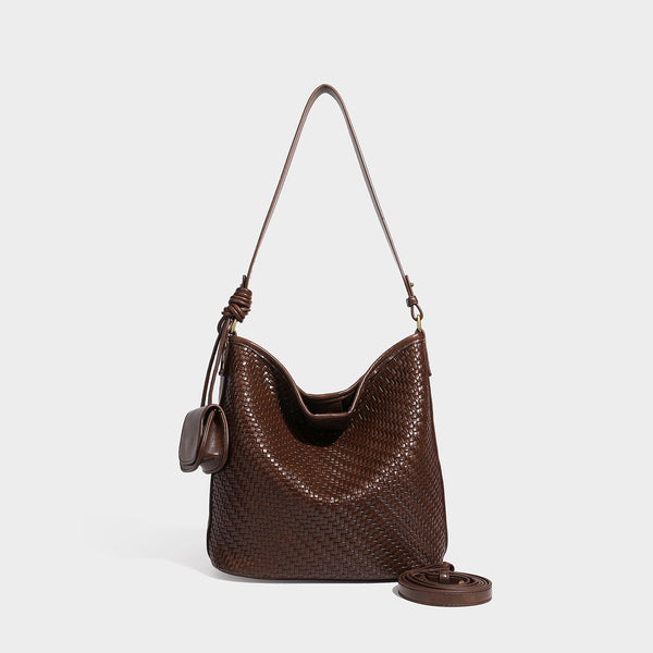 Woven-look slouchy hobo shoulder bag in brown with attached mini pouch and gold-tone hardware, detail view 10