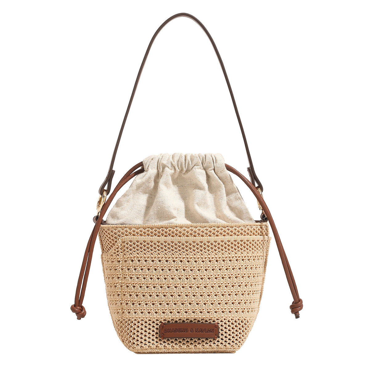 Compact openwork woven bucket bag with gathered cream drawstring liner, leather-look brown trim and cords, and gold-tone