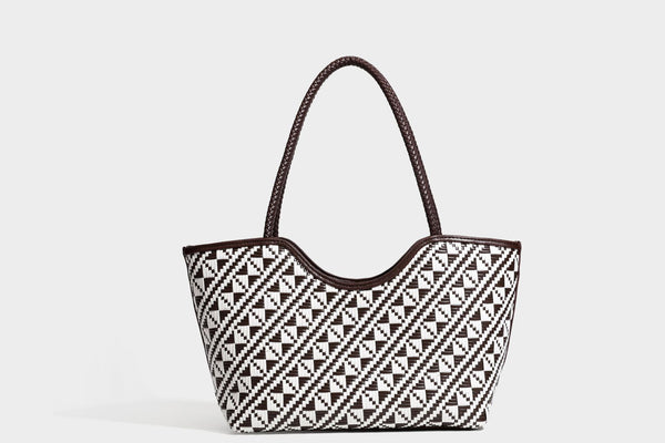 Woven geometric two-tone tote bag with braided shoulder straps and leather-look trim, detail view 36