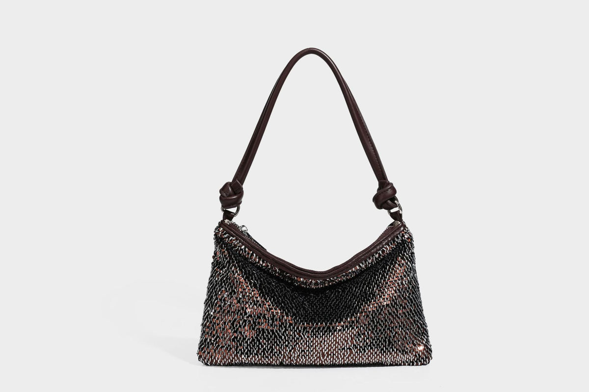 Small sequin hobo shoulder bag with knotted strap and zip closure, detail view 30