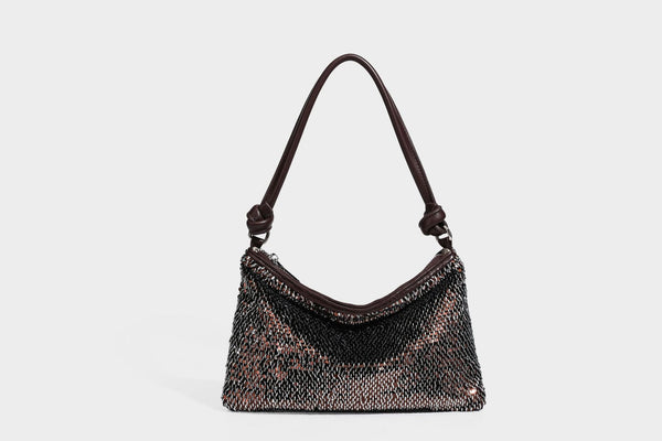 Small sequin hobo shoulder bag with knotted strap and zip closure, detail view 30