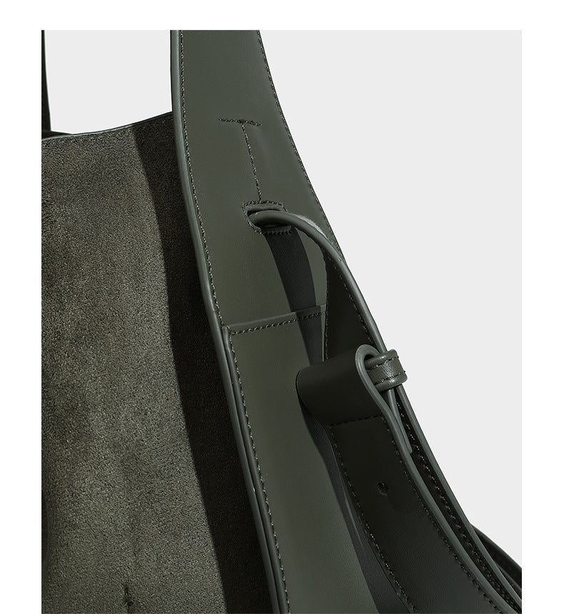 Slouchy suede-finish shoulder tote bag with leather-look trim and long strap, detail view 14