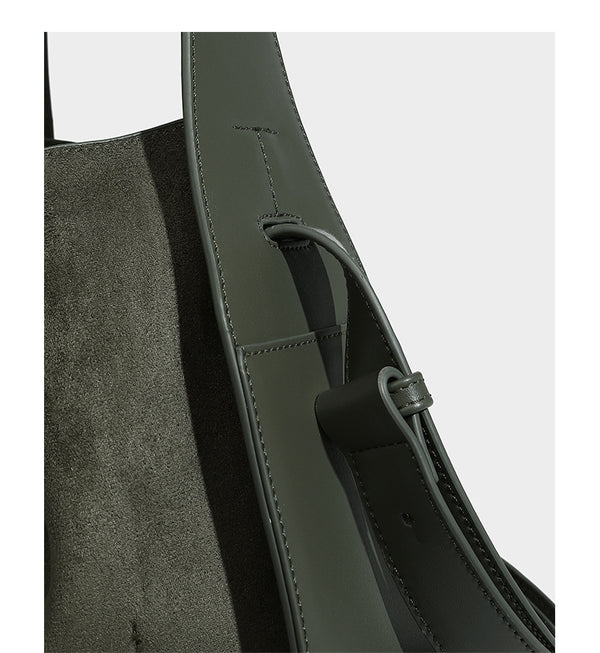 Slouchy suede-finish shoulder tote bag with leather-look trim and long strap, detail view 14