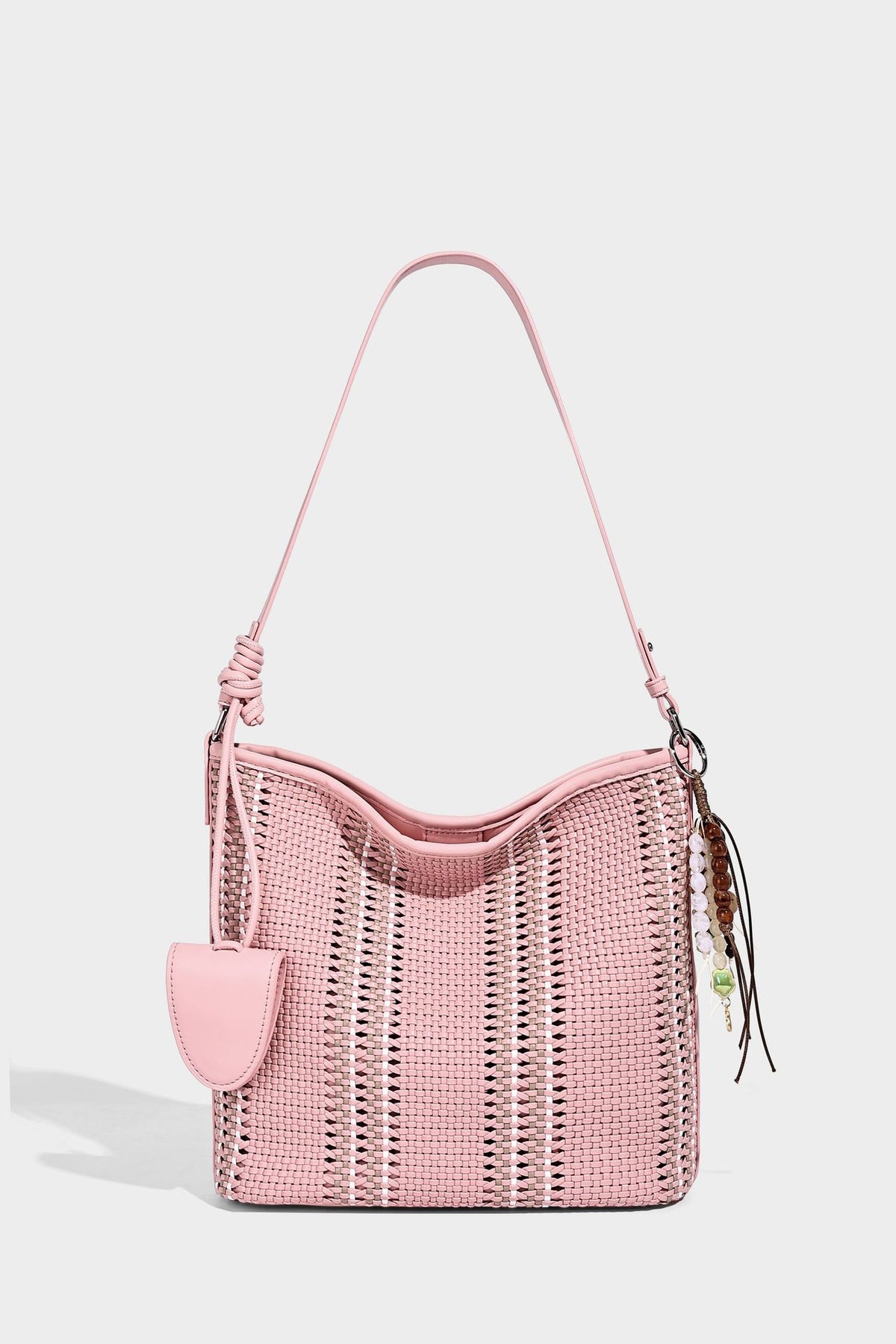 Woven bucket shoulder bag with leather-look trim, silver-tone hardware, and beaded tassel charm, detail view 29