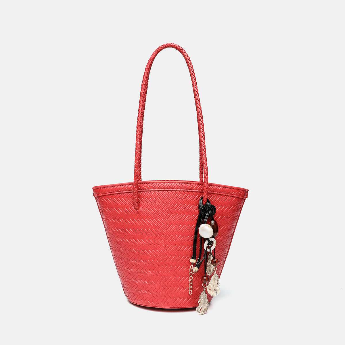 Woven herringbone-texture bucket bag with braided rope shoulder strap in dark brown, detail view 7