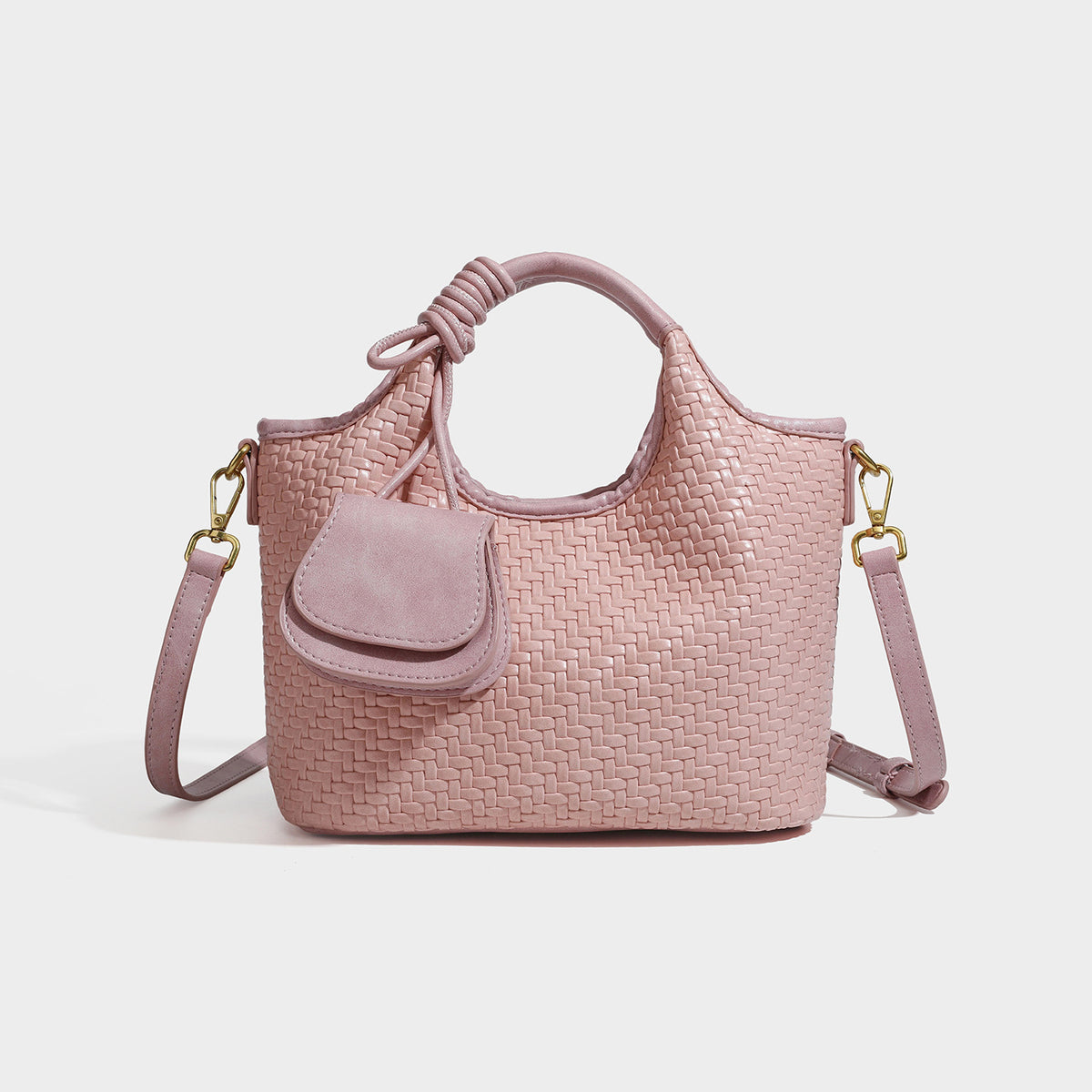 Woven leather-look tote bag in mocha brown with knotted top handle, front flap pocket, and detachable crossbody strap with