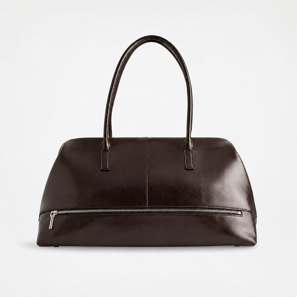 Large structured black Boston tote bag with double shoulder handles and full-length front zipper compartment, detail view 19