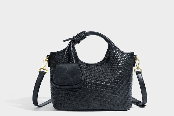 Woven leather-look tote bag in mocha brown with knotted top handle, front flap pocket, and detachable crossbody strap with