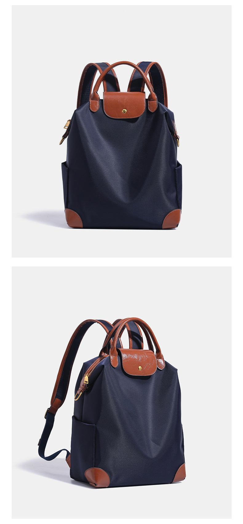 Soft rectangular nylon convertible backpack handbag with leather-look trim, snap-flap closure, top carry handles, padded