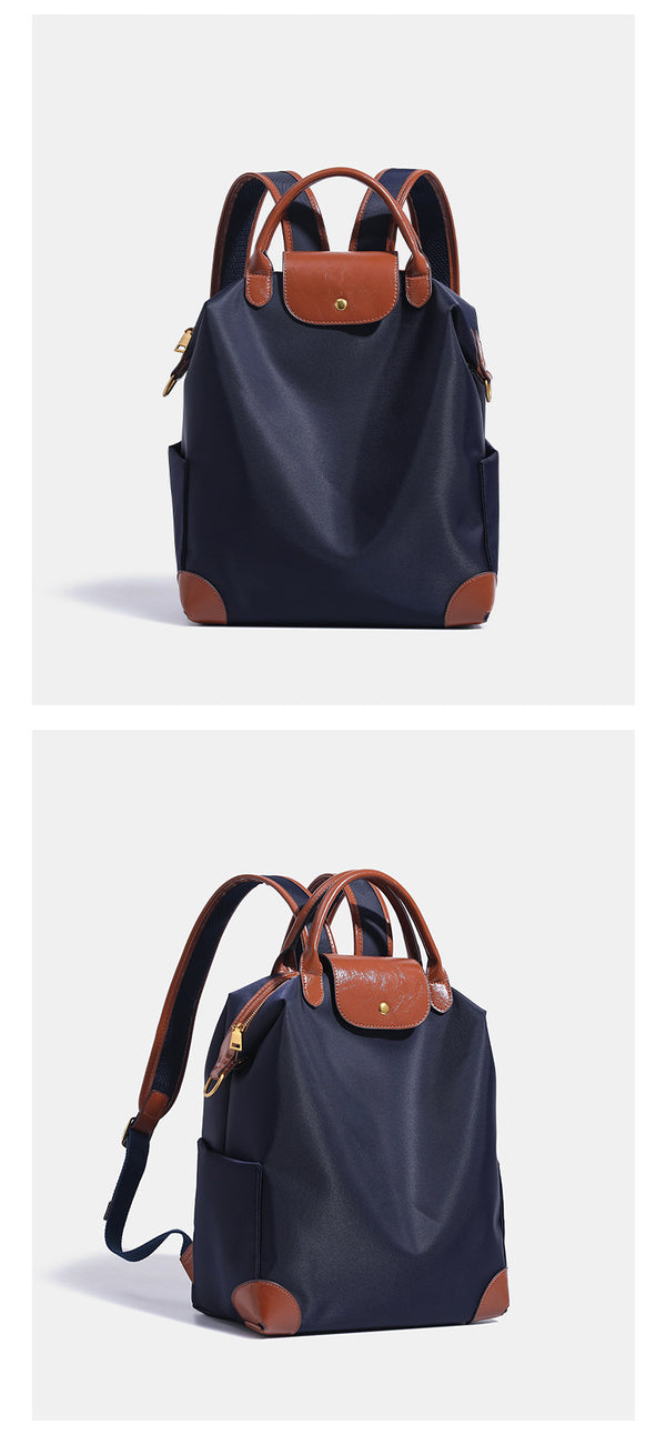 Soft rectangular nylon convertible backpack handbag with leather-look trim, snap-flap closure, top carry handles, padded