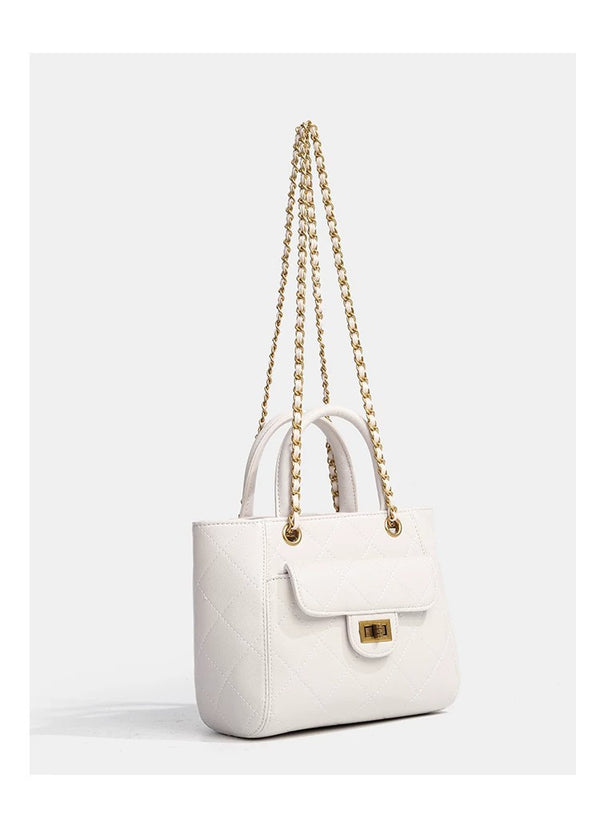 Diamond-quilted leather-look shoulder tote bag with gold-tone chain strap and dual top handles, detail view 14
