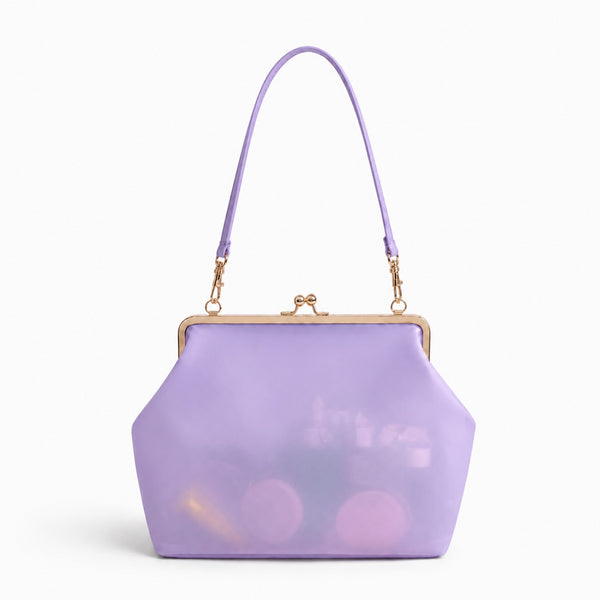 Structured translucent pastel frame-clasp shoulder bag with gold-tone hinged ball clasp and slim top handle, detail view 4