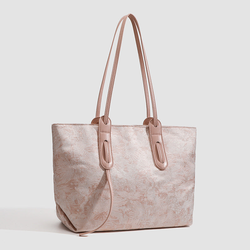 Large structured floral jacquard tote bag with long leather-look shoulder strap, detail view 3