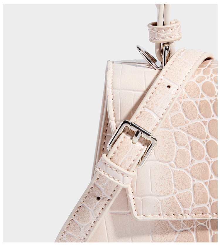 Small structured crocodile-embossed glossy top-handle satchel bag with silver-tone turn-lock clasp and detachable shoulder
