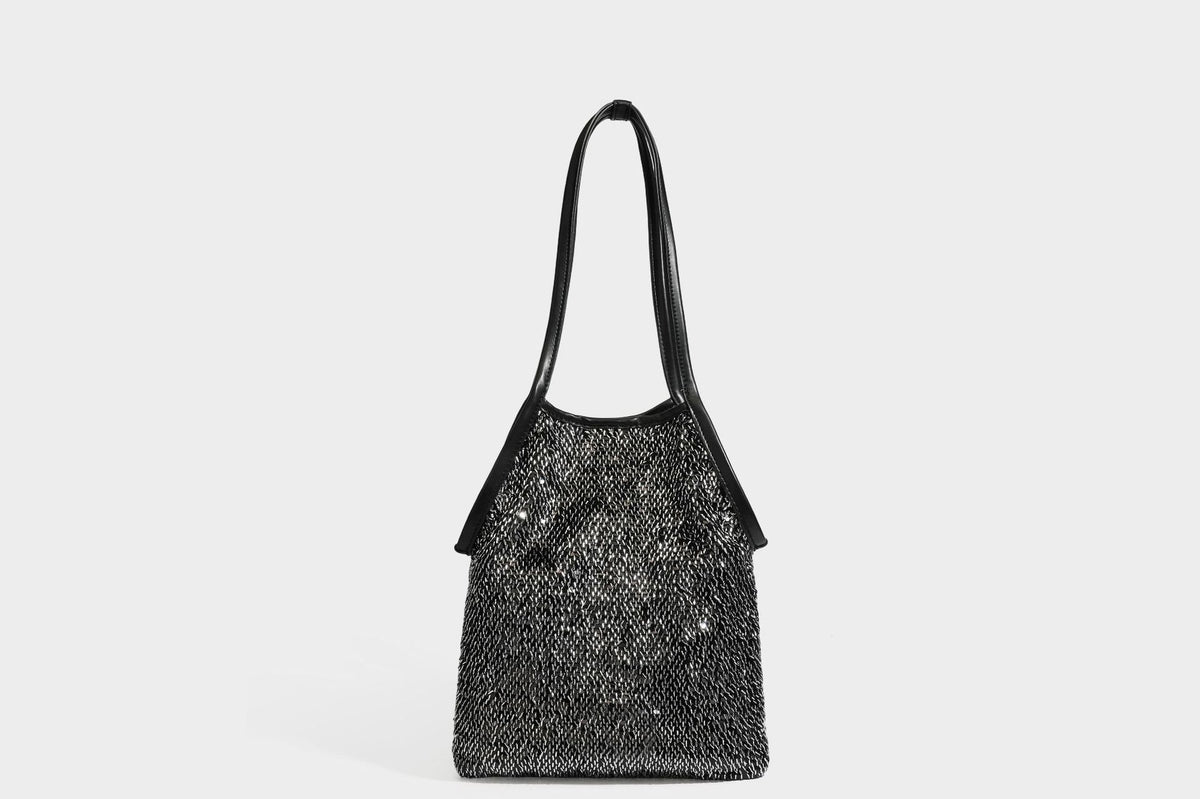 Kleine Schulter-Tote-Bag mit Pailletten, langem Metallic-Riemen und trapezförmiger Silhouette, Detailansicht 28