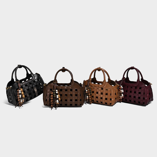 Small structured woven lattice top-handle satchel bag with bead-and-tassel charm and gold-tone hardware, detail view 2