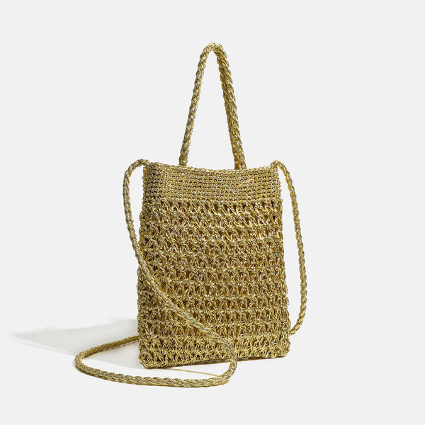 Small soft rectangular metallic crochet-weave shoulder bag with braided top handle and long crossbody strap, detail view 2