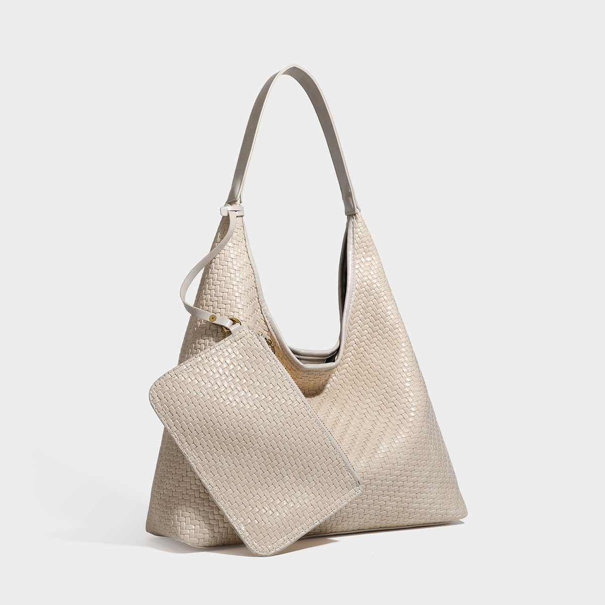 Slouchy woven leather-look hobo tote bag in brown with detachable zip pouch and gold-tone hardware, detail view 7