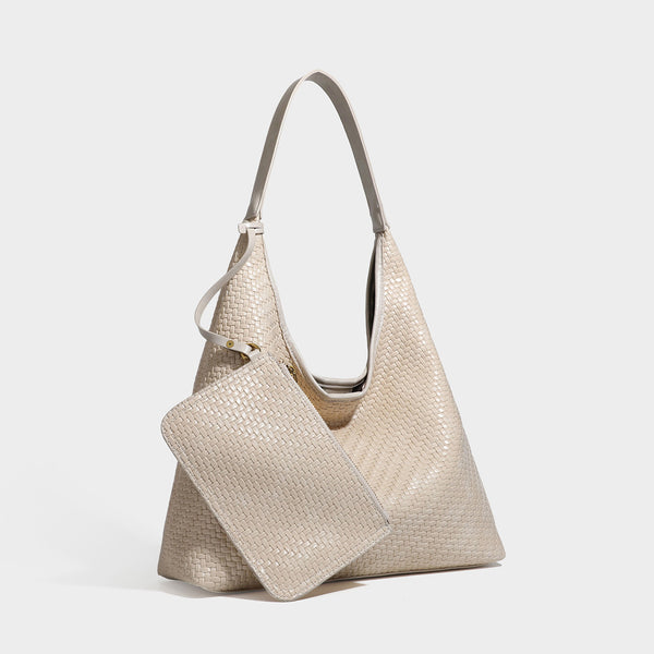 Slouchy woven leather-look hobo tote bag in brown with detachable zip pouch and gold-tone hardware, detail view 7