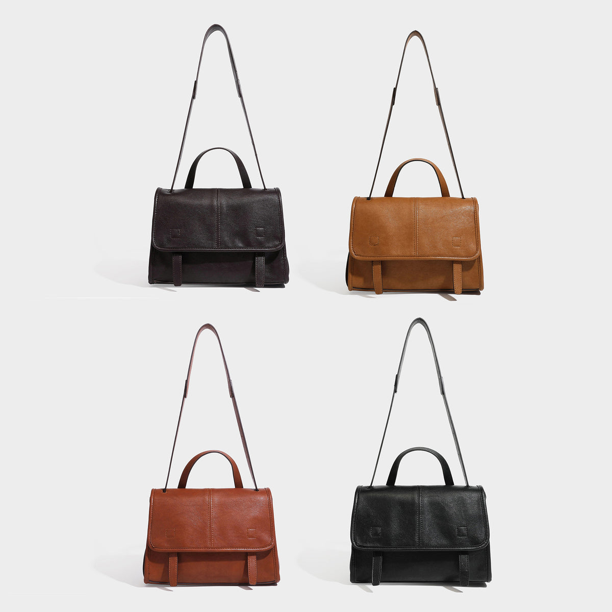 Structured flap satchel bag in dark brown glossy leather-look finish with short top handle and long adjustable shoulder