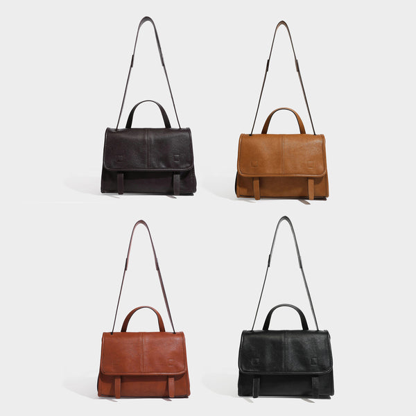 Strukturierte Satchel-Tasche mit Überschlag in dunkelbrauner, glänzender Lederoptik, kurzem Tragegriff und langem verstellbarem Schulter