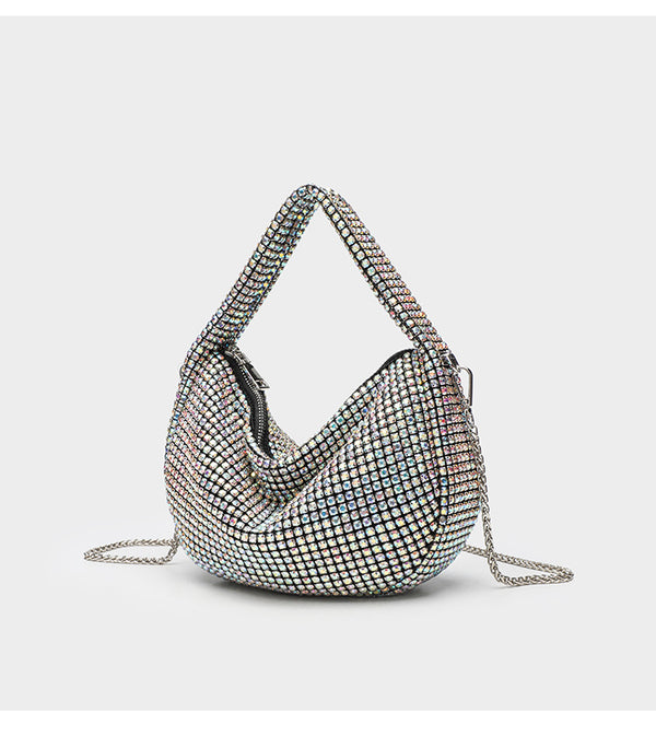 All-over crystal rhinestone hobo bag with silver chain strap and top handle, top zip closure, detail view 13
