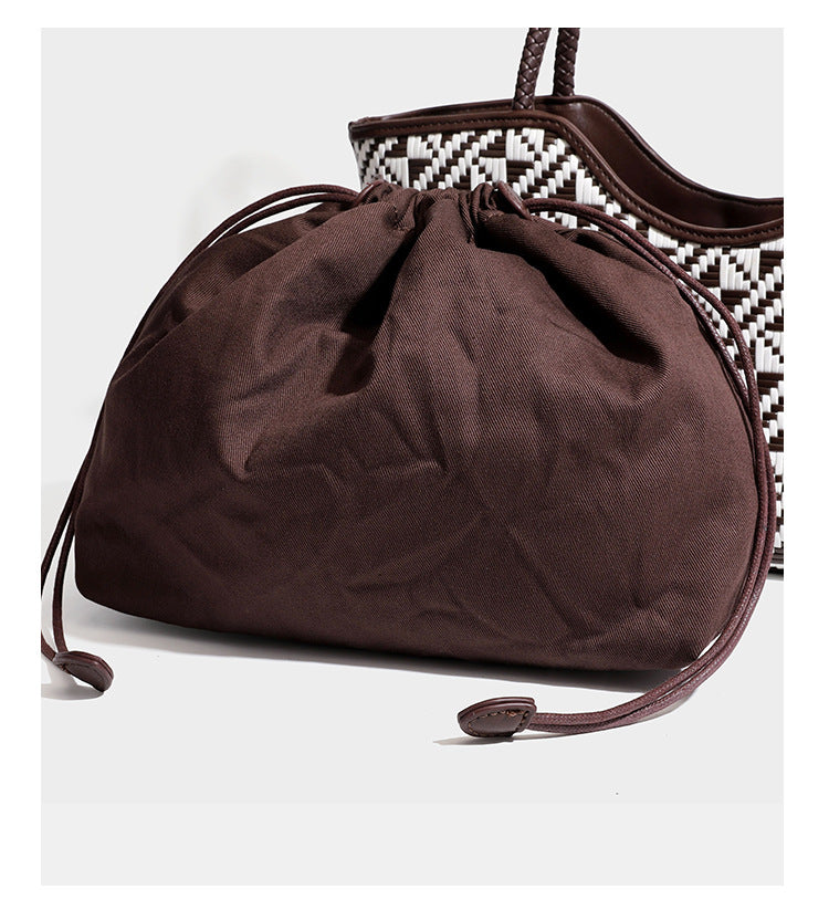 Woven geometric two-tone tote bag with braided shoulder straps and leather-look trim, detail view 23