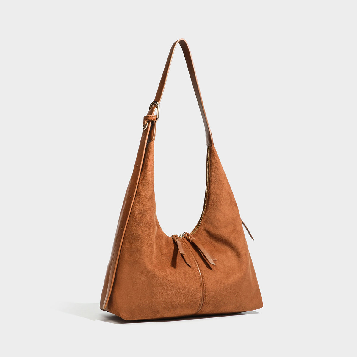 Lässige Hobo-Schultertasche mit strukturiertem Finish in Velourslederoptik, Reißverschluss oben, Quasten-Zippern und goldfarbenem verstellbarem