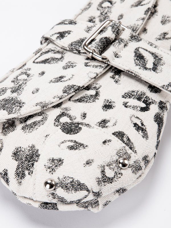 Small washed leopard print shoulder bag in blue-grey with silver buckle strap and stud accents, detail view 16