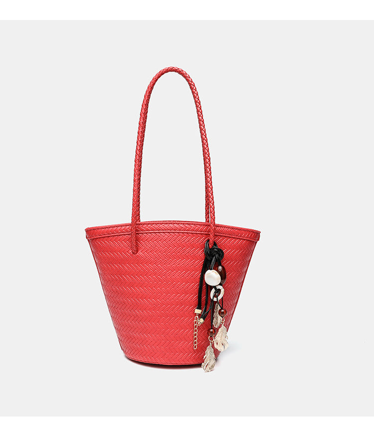 Woven herringbone-texture bucket bag with braided rope shoulder strap in dark brown, detail view 16