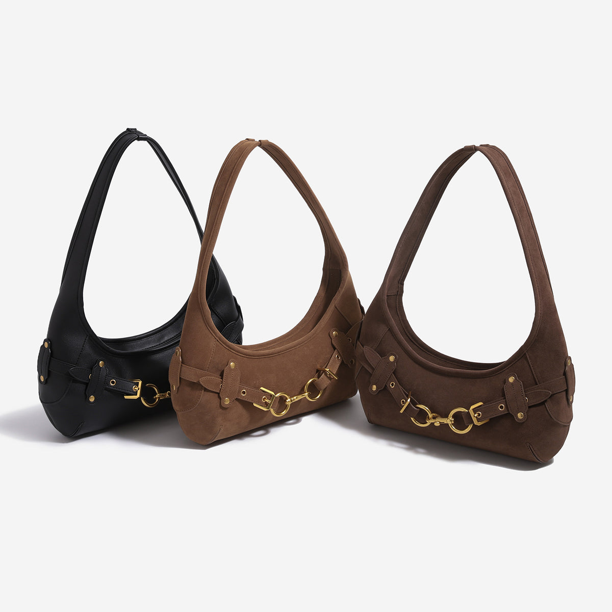 Crescent hobo shoulder bag with gold ring and buckle hardware, front view