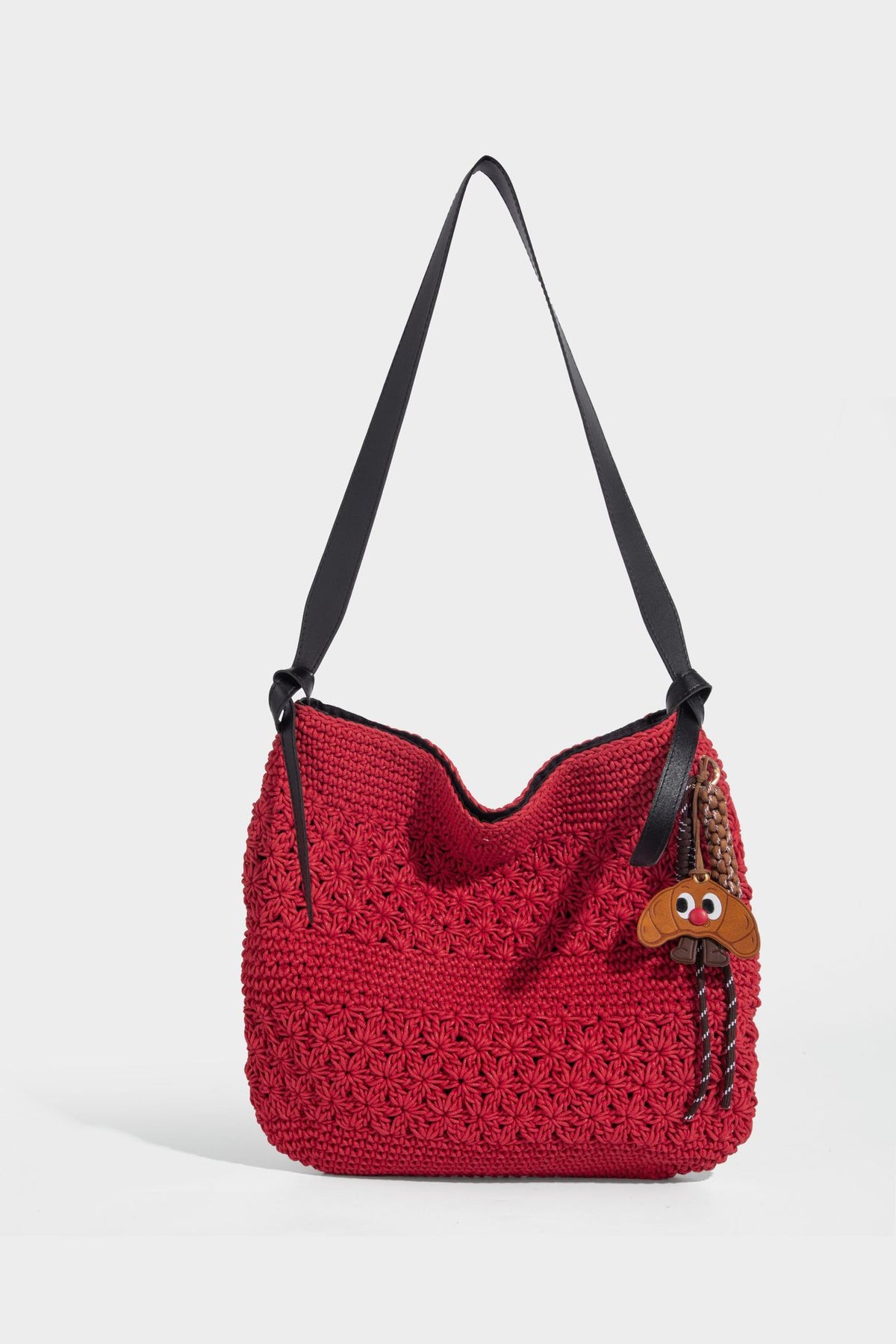 Lässige, gewebte Häkelschultertasche mit verstellbarem Schulterriemen in Cognac-Lederoptik und Druckknopfverschluss, Detailansicht 26