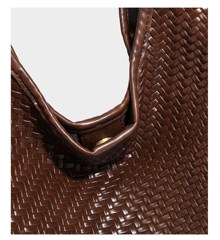 Slouchy woven leather-look hobo tote bag in brown with detachable zip pouch and gold-tone hardware, detail view 27