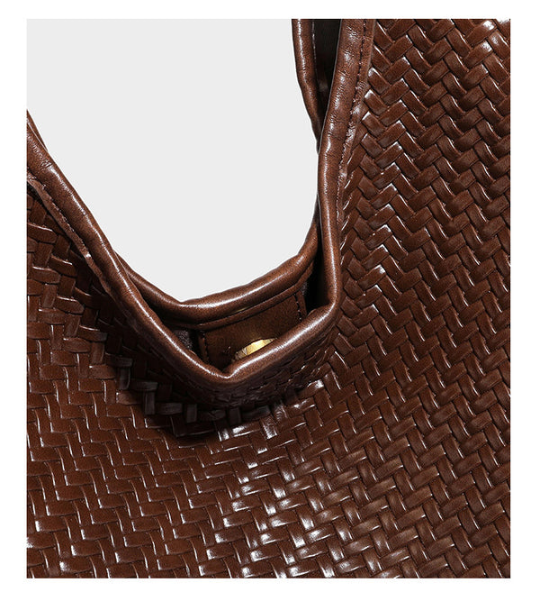 Slouchy woven leather-look hobo tote bag in brown with detachable zip pouch and gold-tone hardware, detail view 27