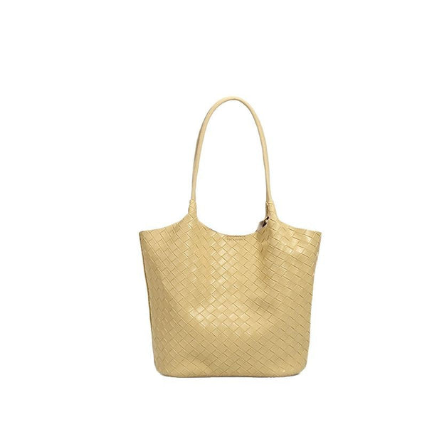 Large woven-texture open-top tote bag with single shoulder strap in butter yellow, detail view 5