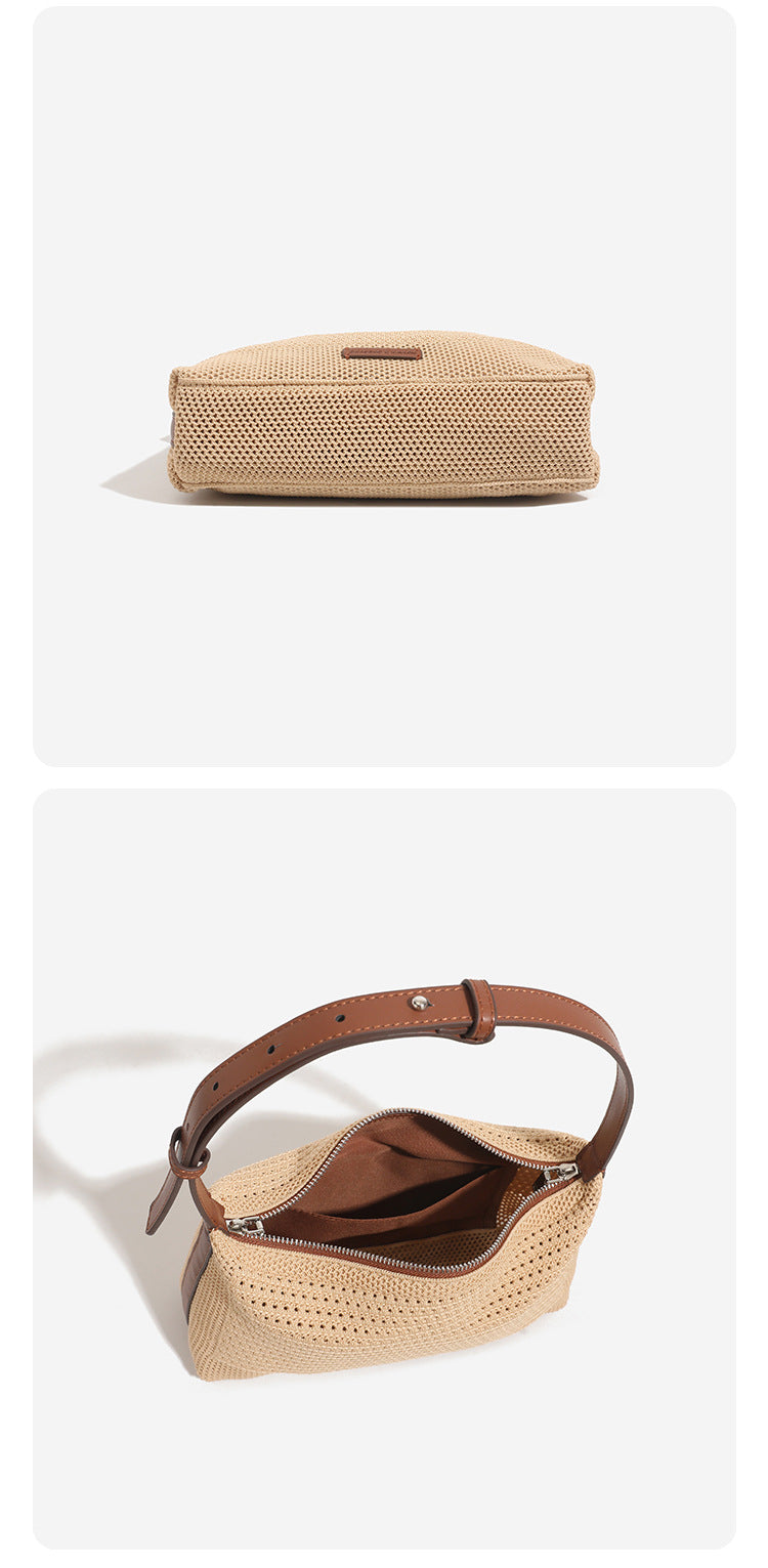 Woven crescent hobo shoulder bag with adjustable leather-look strap and top zip closure, detail view 10