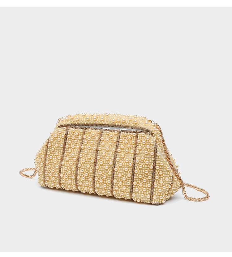 Structured faux-pearl beaded evening clutch bag with silver-tone chain strap and top zip closure, detail view 20