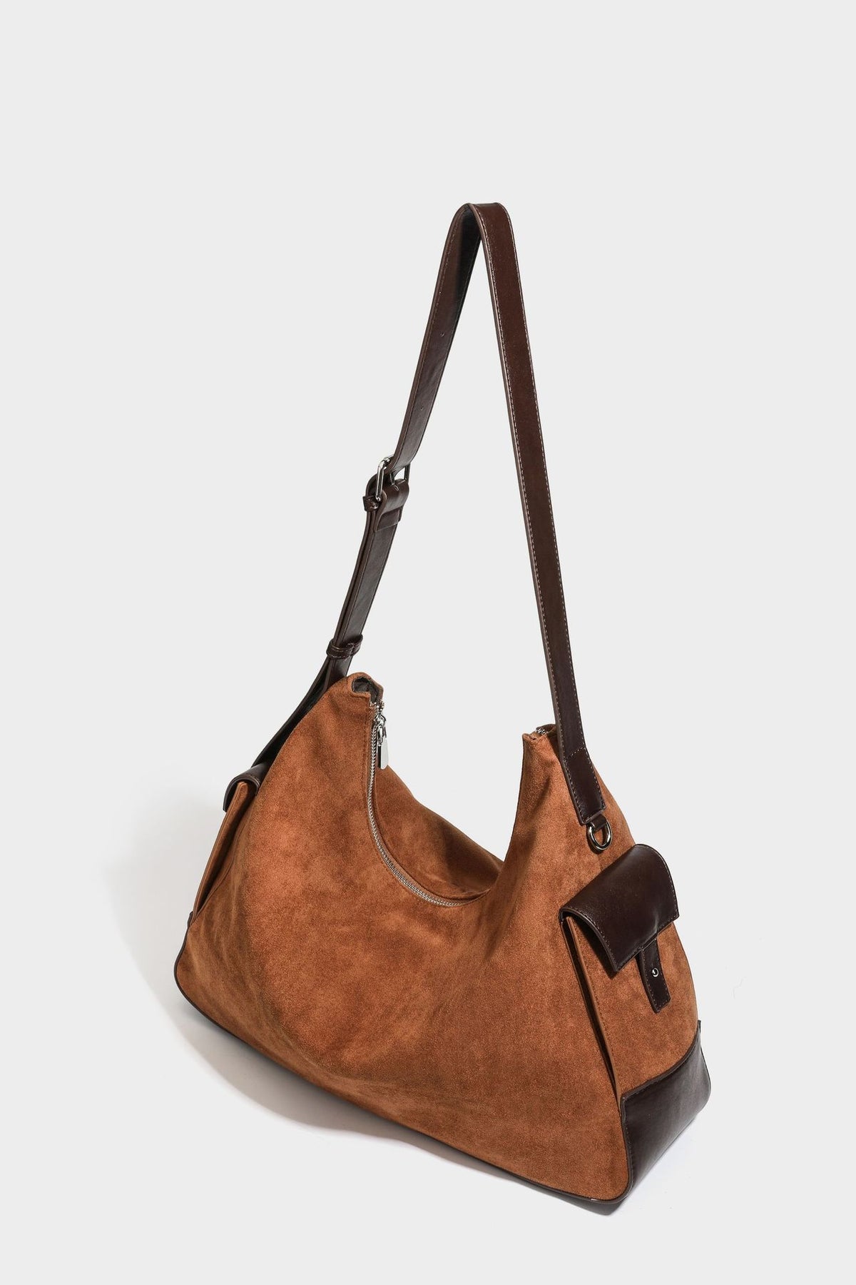 Slouchy cognac brown matte suede-look hobo shoulder bag with dark brown leather-look trim, top zip closure, front flap
