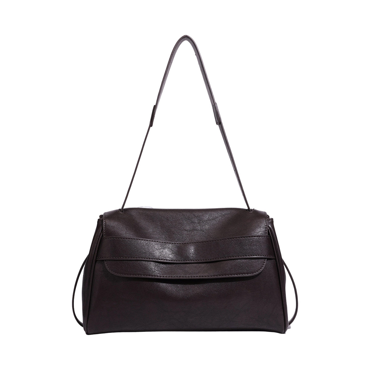 Structured rectangular flap shoulder bag in dark brown leather-look finish with long single strap and layered front panel