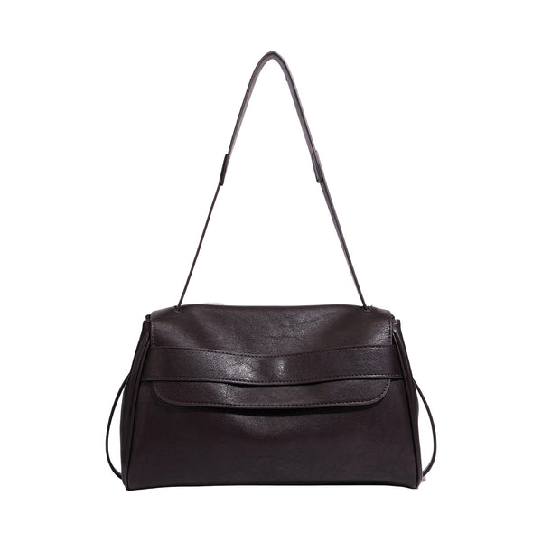 Structured rectangular flap shoulder bag in dark brown leather-look finish with long single strap and layered front panel