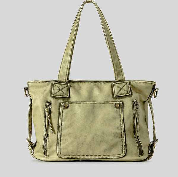 Distressed leather-look convertible tote bag with dual top handles, front zip and patch pockets, and adjustable shoulder