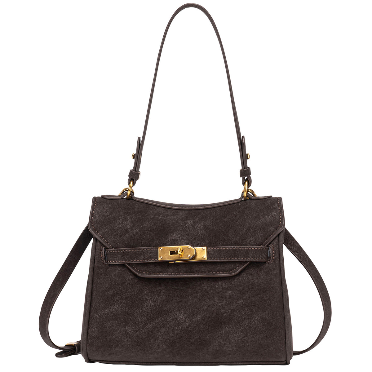Structured dark brown flap satchel with gold-tone turn-lock hardware and detachable shoulder strap, detail view 5