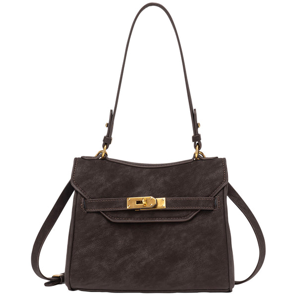 Structured dark brown flap satchel with gold-tone turn-lock hardware and detachable shoulder strap, detail view 5