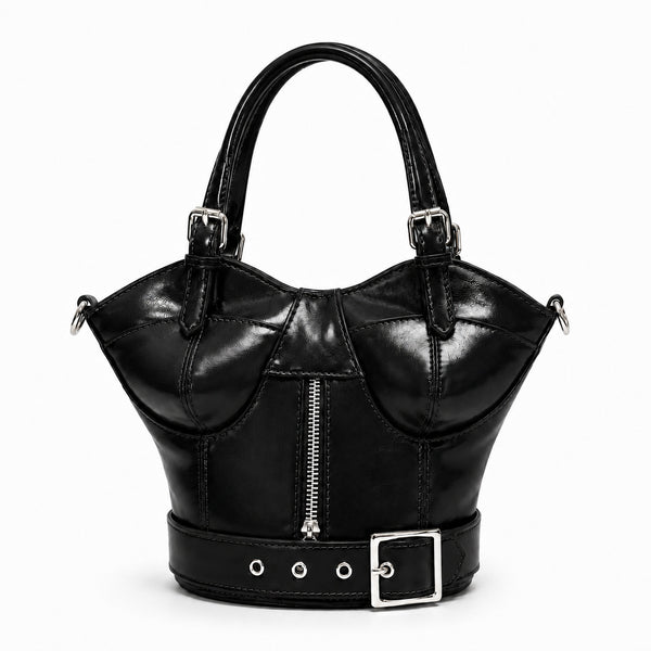 Strukturierte Handtasche mit korsettförmiger Silhouette, silberfarbenen Kegel-Nieten und doppeltem Schnallengürtel-Detail, Detailansicht 6
