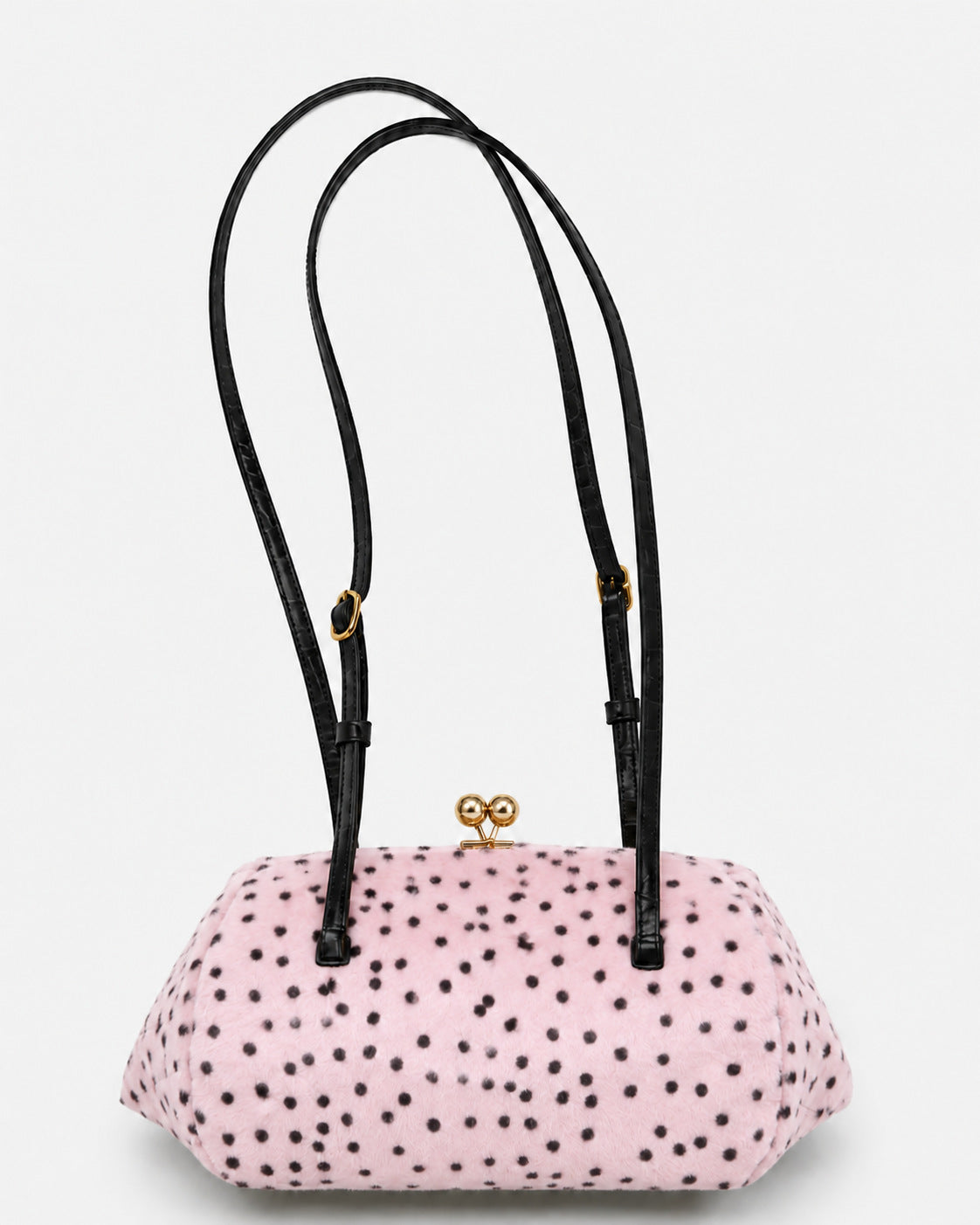 Spotted faux-fur barrel shoulder bag with gold kiss-lock clasp and black adjustable leather-look straps, detail view 6