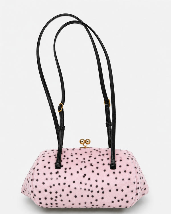 Spotted faux-fur barrel shoulder bag with gold kiss-lock clasp and black adjustable leather-look straps, detail view 6
