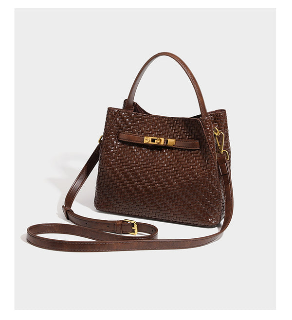 Structured woven leather-look bucket bag with gold-tone turn-lock hardware and detachable shoulder strap, detail view 13