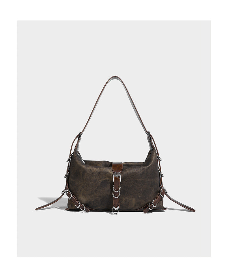 Formlose Hobo-Schultertasche mit Used-Finish, silberfarbenen Ring- und Schnallenbeschlägen sowie verstellbarem Riemen, Detailansicht 8